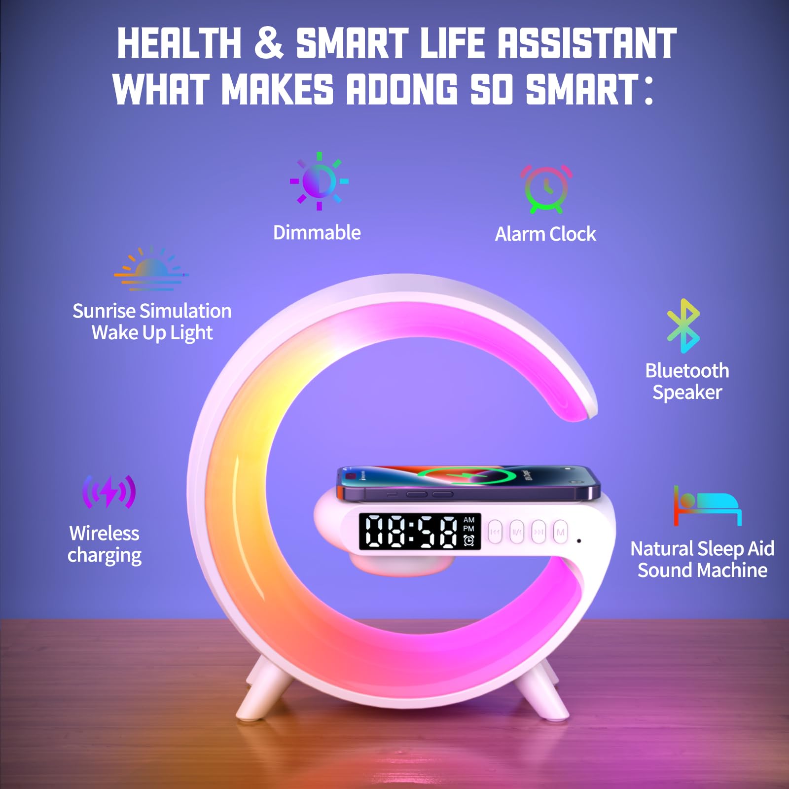 XCDIFA Mini LED Table Lamp with 4-in-1 Wireless Charger, Night Light, Sunrise Alarm Clock, Bluetooth Speaker, Smart Atmosphere Table Lamp for Bedroom, Office, Home Decor (White)