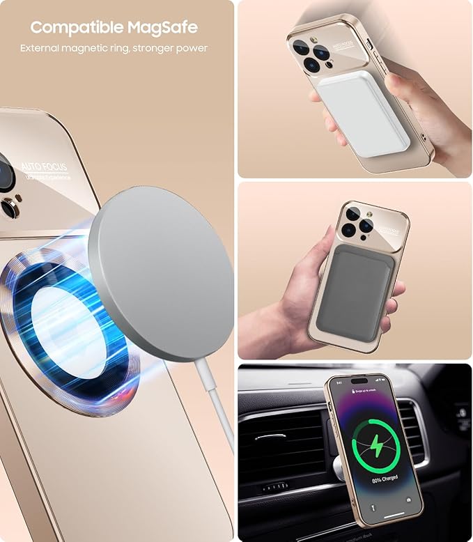 Magnetic for iPhone 14 Pro Max Case, Compatible with MagSafe, Built-in Camera Lens Protector, Logo View, Military Grade Drop Proof Phone Case Cover, Desert Titanium