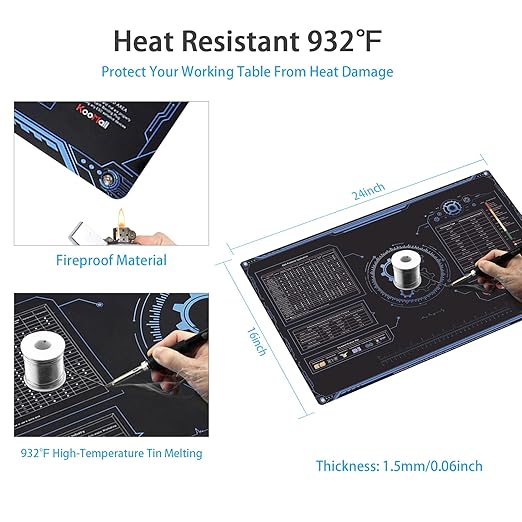 KooMall 24x16 Inch Anti Static Rubber Mat Kit for ESD Sensitive Electronic Device Repair, Soldering, PC Building, Assembly, Table Work, With Grounding Plug Cord, Antistatic Wrist Strap, Heat Resistant