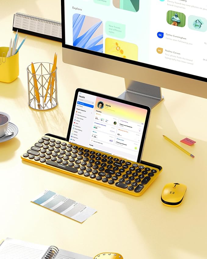 seenda Bluetooth Keyboard and Mouse for iPad, CTU-301 Multi-Device Bluetooth + 2.4G Wireless Keyboard Mouse with Tablet Holder for MacBook/Windows Computer, iOS/Andriod Tablet Phone, Yellow