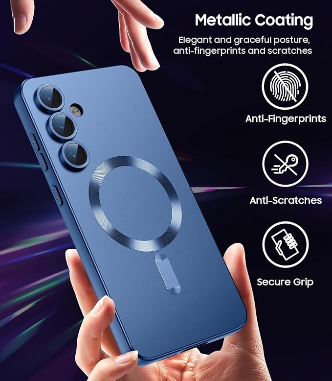 Magnetic for Samsung Galaxy S24 Case [Compatible with MagSafe][Built-in Camera Lens Protector] Slim Soft Silicone Bumper Shockproof Metallic Luster Phone Case (Blue)