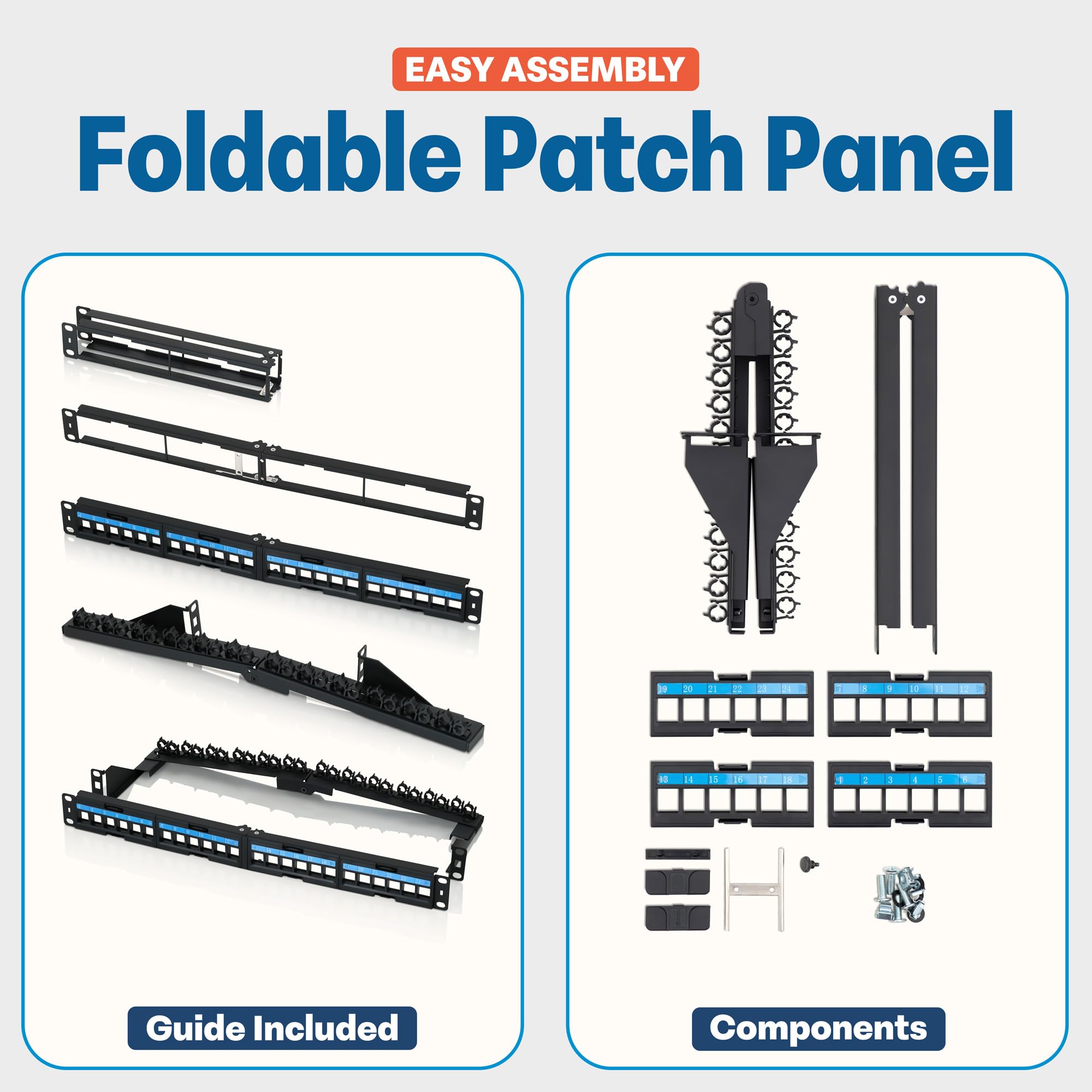 Everest 24 Port Keystone Patch Panel (4-Pack) - Removable 6-Port Panels - Use with Slim Profile Keystones ONLY (Wider Jacks May not fit Side by Side) - with Adjustable Rear Cable Management Bar