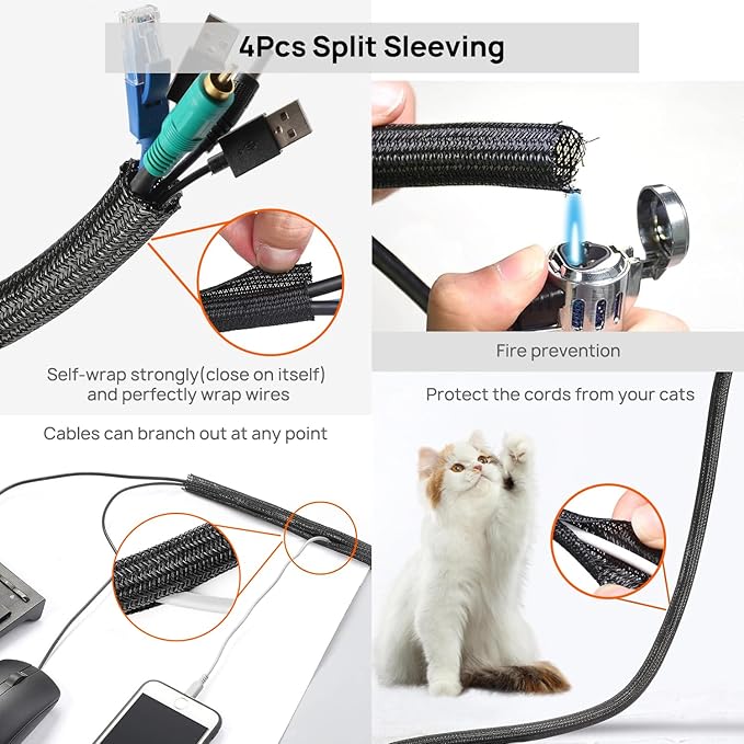 193 PCS Cable Management Kit - 4 Cable Sleeve, 57 Self Adhesive Cable Clips, 12 Hanging Strips, 12 Cable Organizer Straps and 100 Fastening Cable Ties for TV Computer Under Desk (Black)