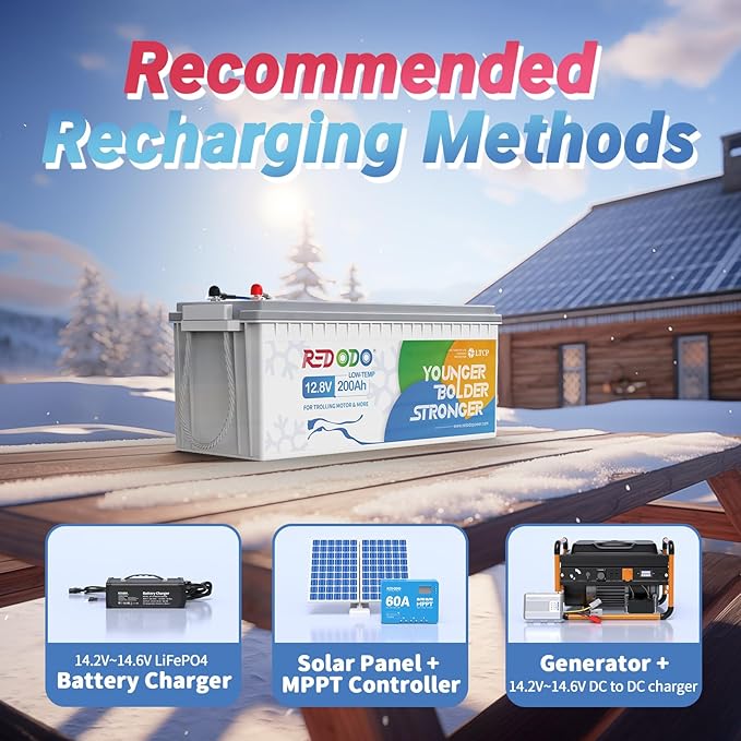 Redodo 12.8V 200AH Low Temp Cutoff LiFePO4 Battery with 100A BMS, Deep Cycle Rechargeable Lithium Battery 1280W 4000+ Cycles, Perfect for Trolling Motor, RV, Solar and Off Grid Applications