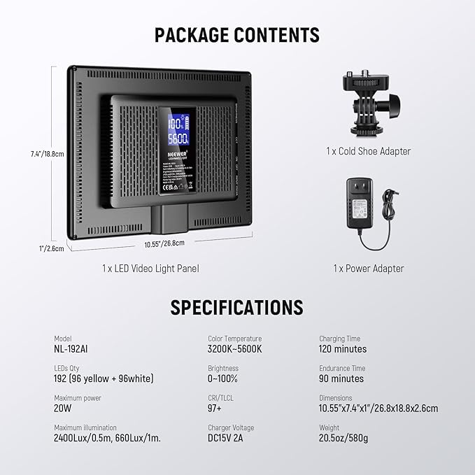 NEEWER 192 LED Video Light Panel, 20W Ultra Thin Bi Color Dimmable DSLR Camera Soft Light, 8000mAh Built in Lithium Battery, 3200-5600K CRI97+, Key Lighting for Studio Photography Recording Streaming