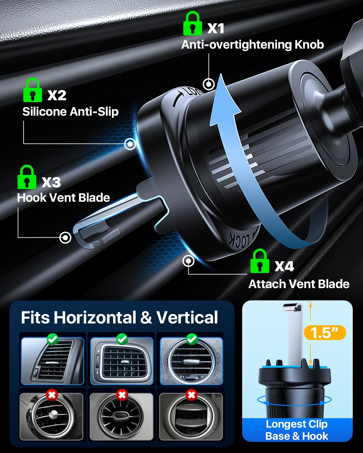 YRU Phone Holders for Your Car [2026 Upgraded Military Metal Hook], Cellphone Holder Car[No Fear of Bumps] Vent Phone Mount Truck Compatible with iPhone17 16 15 14 13 12 Samsung Android, Jet Black