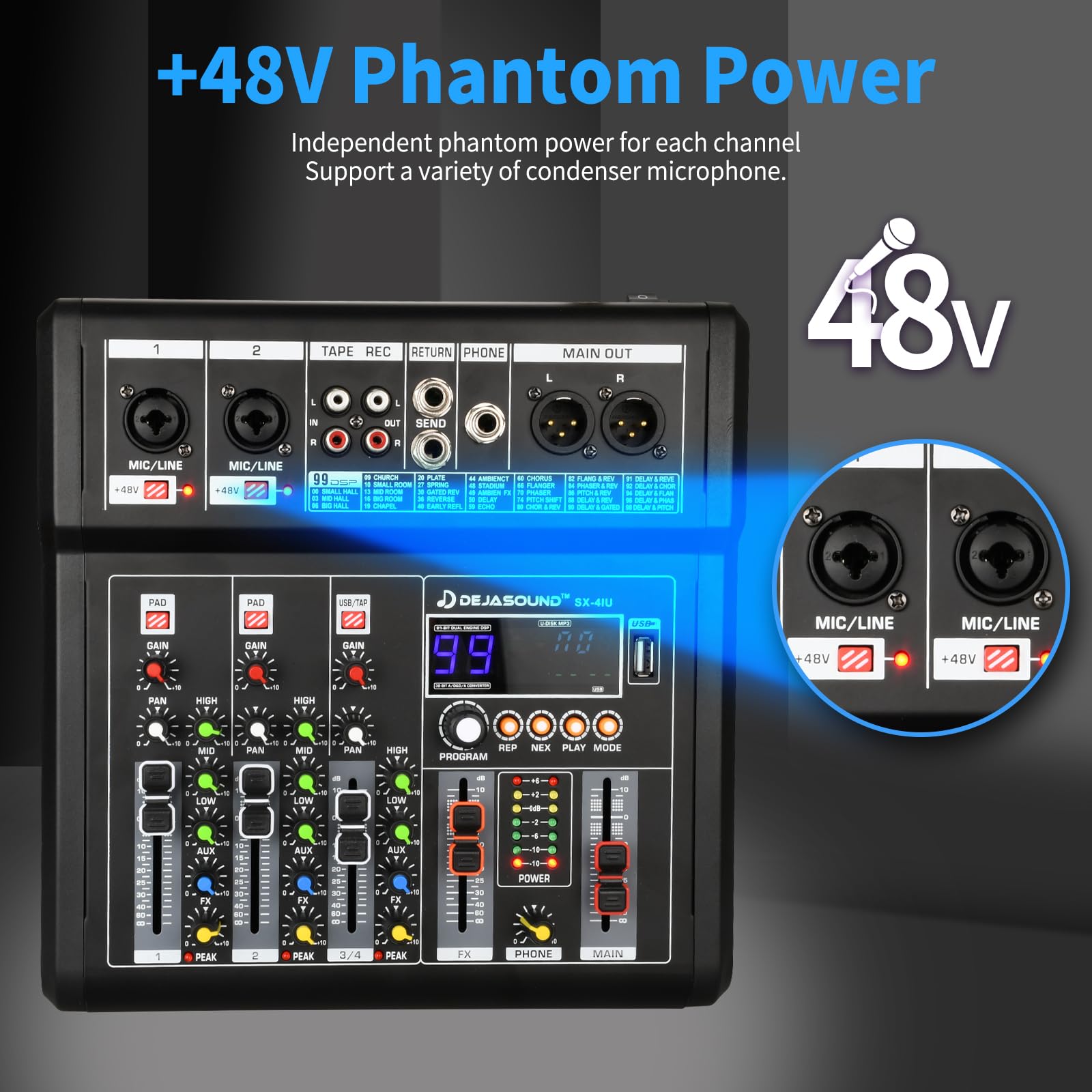 4-Channel Audio Mixer for PC, SX-4iu Mixing Console with XLR Inputs, Bluetooth, 99 Digital Signal Processor Effects, USB Interface, MP3 Compatible for Podcast, Music, Recording 9.84"x2.17"x9.84"inches