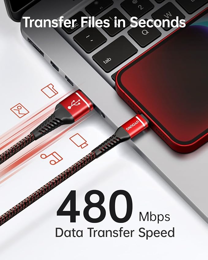 UYOUNG iPhone Charger Cable 3Pack 6FT [Apple MFi Certified] USB to Lightning Cable Nylon Braided Heavy Duty Fast Charging Cord Compatible with iPhone 14/13/12/11/SE/X/XS/XR/8/7/6/6S/iPad - Red