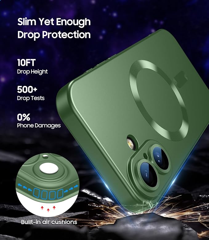 Magnetic for iPhone 16 Case [Compatible with MagSafe][Built-in Camera Lens Protector] Slim Soft Silicone Bumper Shockproof Metallic Luster Phone Case (Green)