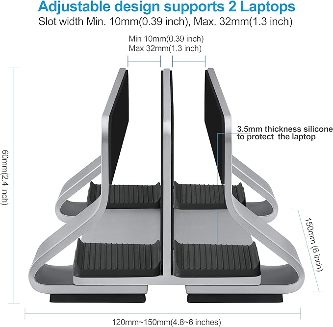 Aluminum Dual Vertical Laptop Stand Dock Holder, Supports 2 Devices, Adjustable Slot Width 15-36mm, Space-Saving Upright Storage for MacBook and Laptops