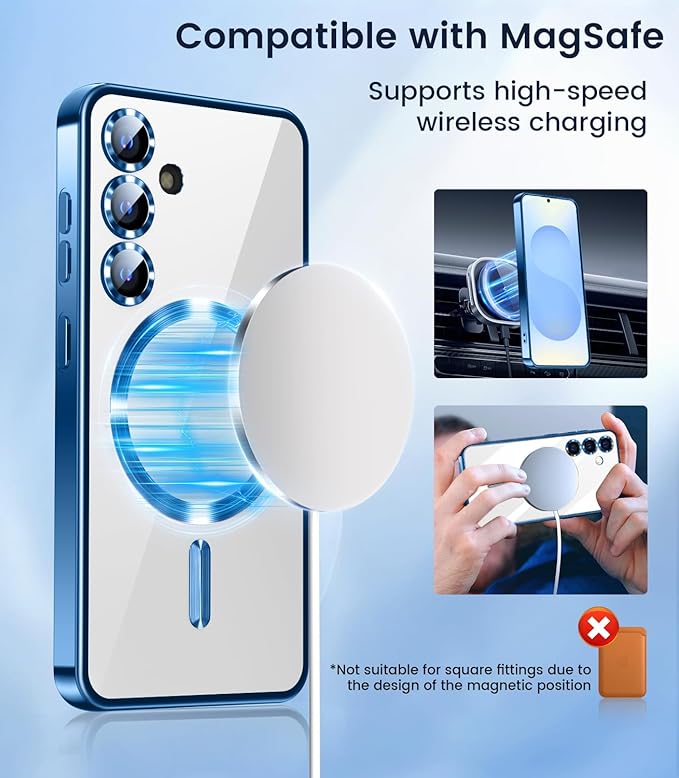 Slim Thin for Samsung Galaxy S25 Case, Compatible with MagSafe, Built-in Camera Lens Protector, Shockproof Protective Phone Case, Soft Electroplated Clear Phone Cover, Sapphire Blue