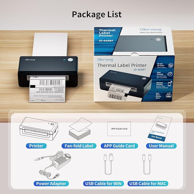 Bluetooth Thermal Shipping Label Printer, 4X6 Inkless Label Machine for iOS, Android, Laptop, Wireless Printer for Small Business, Compatible with Amazon, UPS, Shopify, Black