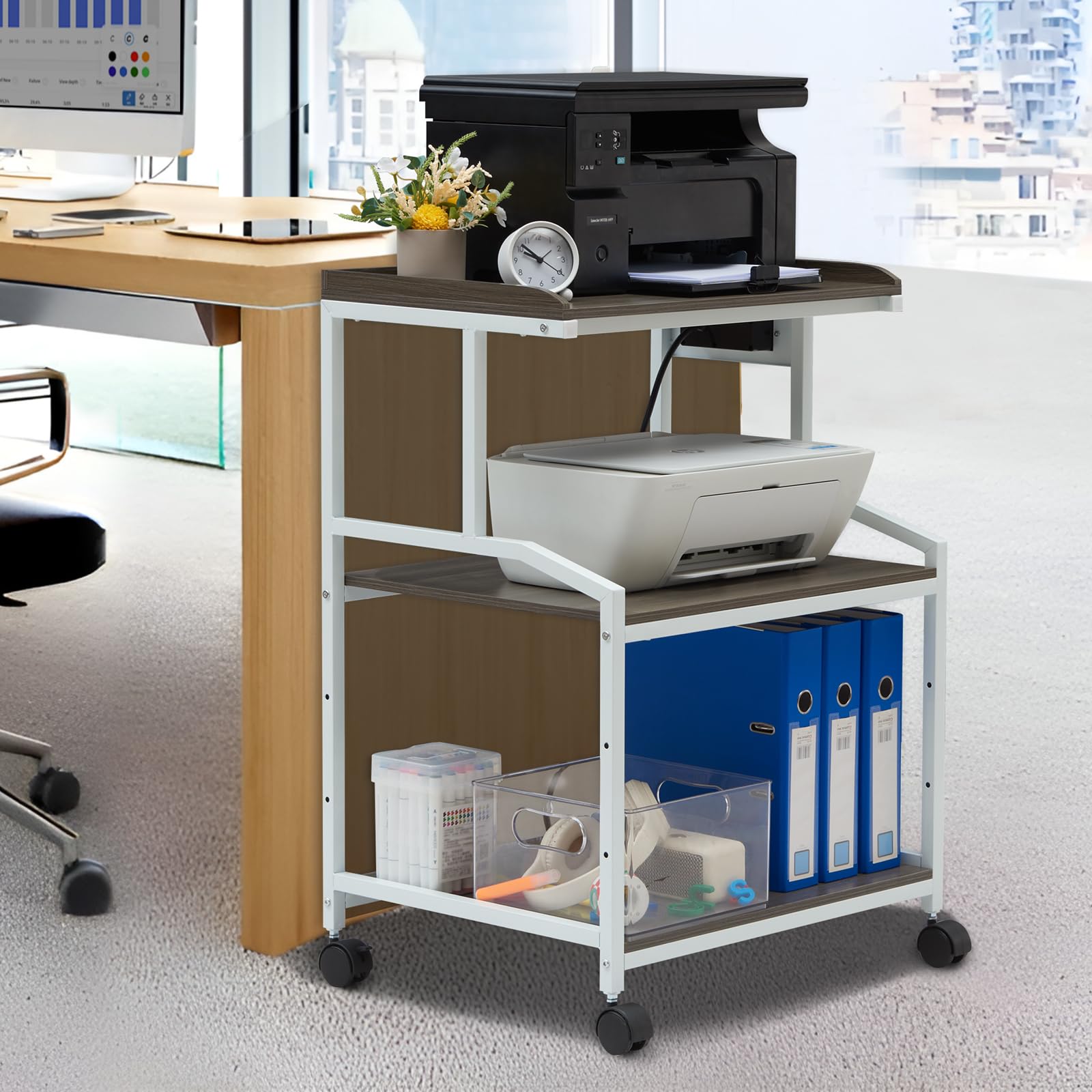 Lauren&Harold 34'' Printer Stand with Power Outlets & USB Ports Grey/White