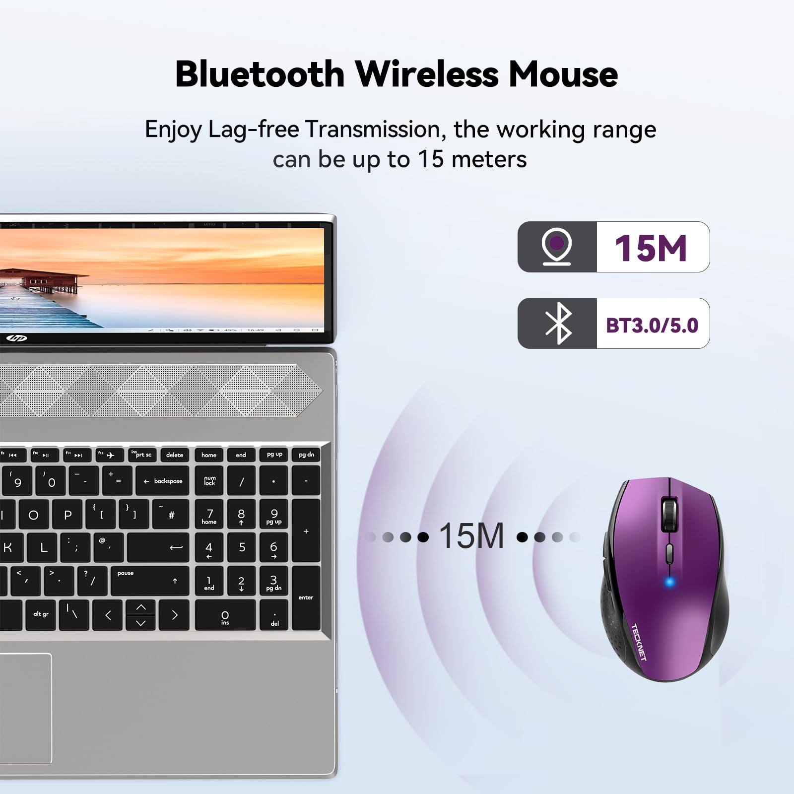 TECKNET Bluetooth Mouse, 4800 DPI Computer Mouse, 2-Year Battery Wireless Mouse 6 Adjustable DPI, 6 Buttons Compatible with Laptop/Windows/Computer(Purple)