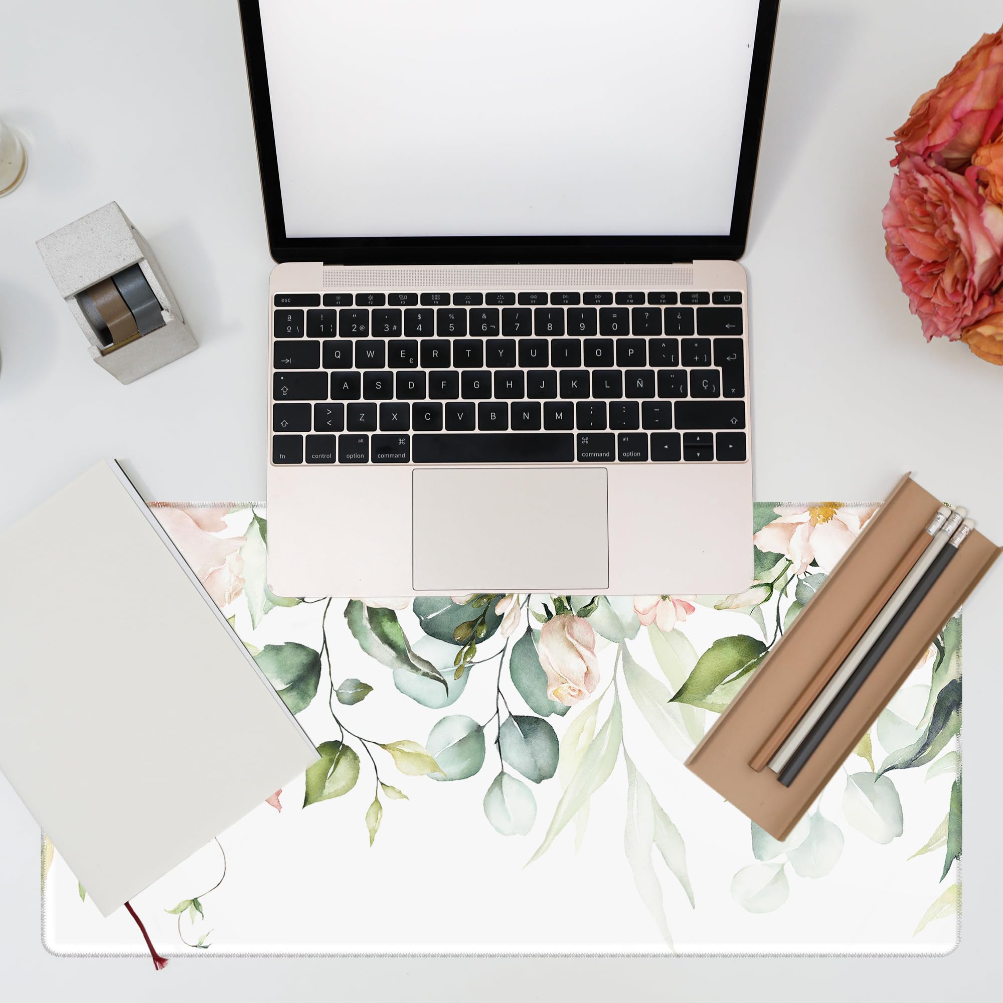 KOAIWPAE Desk Mat, Watercolor Pink Flowers Desk Pad, Green Leaves Flowers Large Gaming Mouse Pad for Desk, 31.5"x15.7" Extended Big Computer Keyboard Mouse Pad with Non-Slip Base and Stitched Edge