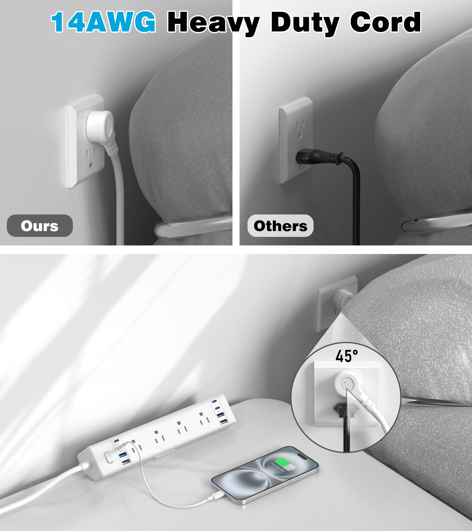 VILONG Desk Clamp Power Strip, Edge Mount, 8AC, 8USB (4 USB-C), 1200J