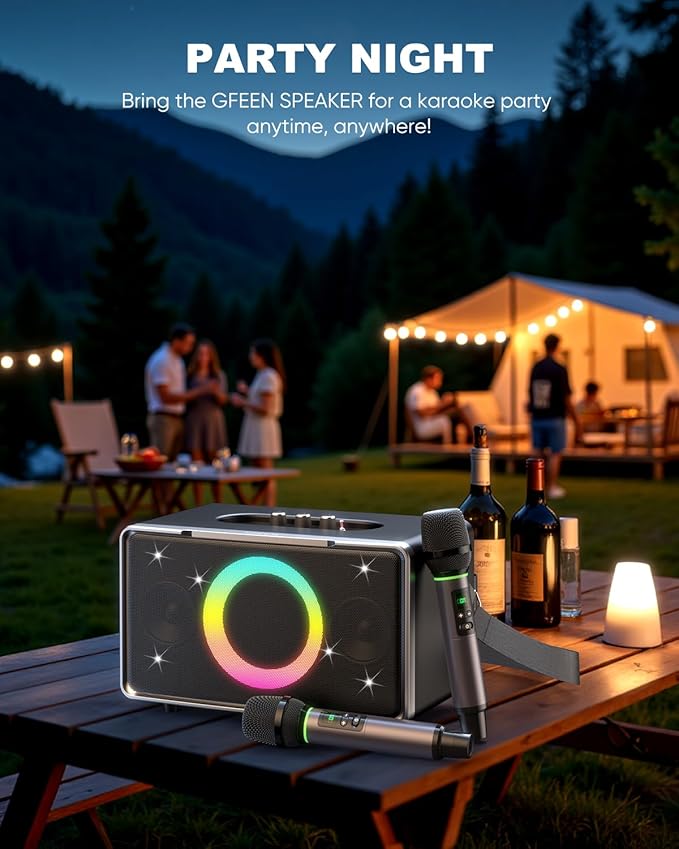 GFEEN Portable Bluetooth Speaker: 100W(160W Peak), 15H Playtime, Wireless Speakers with Microphone, 5″ Subwoofer, Loud Sound, Light Show, Fast Charging for Outdoor, Party, Backyard(Silver with 2Mic)