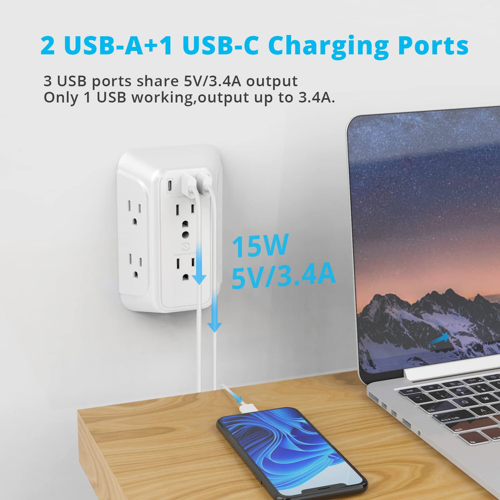 VINTAR 2 Pack Outlet Extender, 6 Outlets Wall Plug with 3 USB(1 USB C,3.4A)