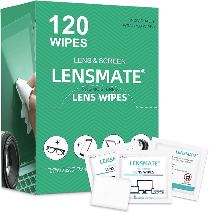 Lensmate 120 Count Lens Wipes for Eyeglasses, Pre-Moistened & Individually Wrapped Eyeglass Wipes, Lens Cleaning Wipes for Eyeglasses, Sunglasses, Goggles and Camera Lens