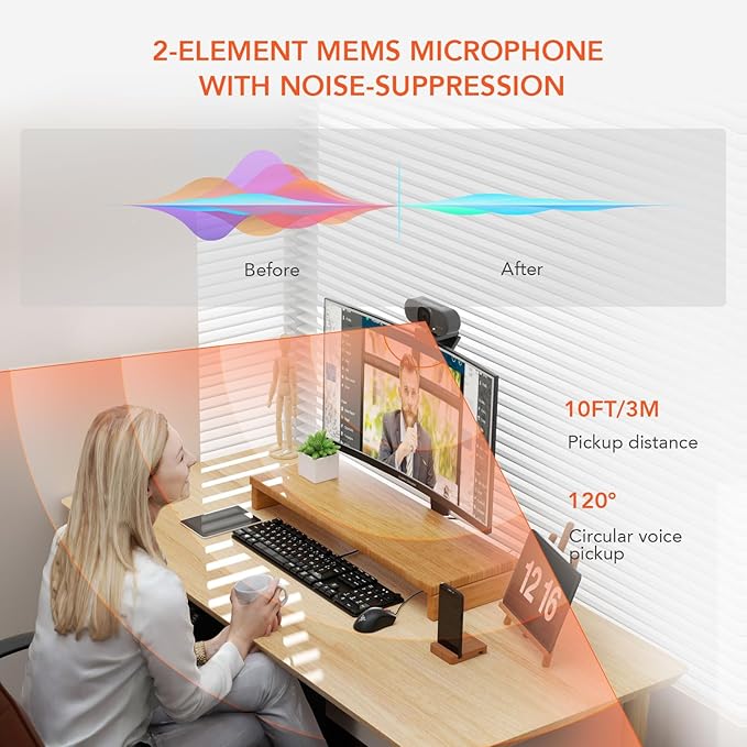NUROUM V15AF 2K Webcam for PC, 1080P 60fps Autofocus HD Webcam with Dual Noise Cancelling Microphone, 75° FOV&Light Correction, USB Web Camera Plug&Play for Zoom/Teams,Grey