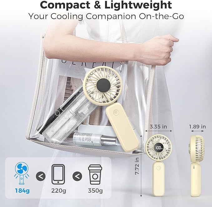 Portable Handheld Fan, 5000mAh Rechargeable Battery, Max 15H Cooling, 4 Speeds, LED Display, Foldable Design, 3-IN-1 Personal Pocket Fan with lanyard for Travel Outdoors Makeup Concert Commute