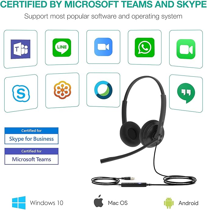 Yealink UH34 USB Headset with Mic,Stereo Wired Headphones with Noise Cancelling Microphone,Professional Work Headset VoIP Phone PC Computer Call Center Office(Ultra Light)