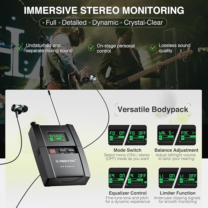Phenyx Pro UHF Stereo Wireless in Ear Monitor System, Wireless IEM, 900MHz Band Selectable Frequency, Rack Mountable, 160 ft. Operation, Suitable for Stage, Studio, Exhibit, Lecture, Speech (PTM-10)
