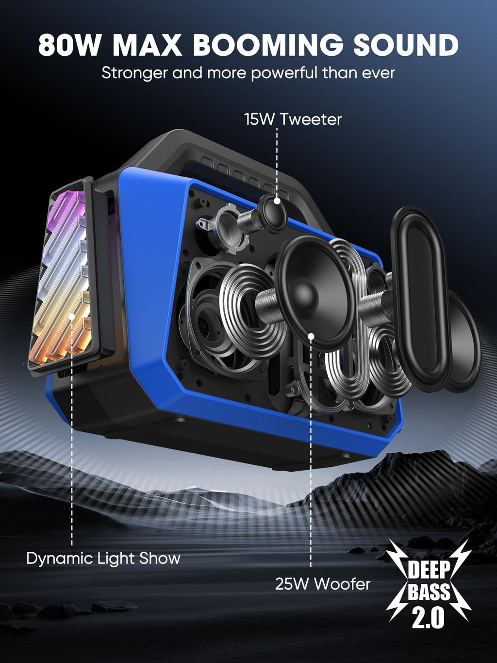 TPWIN Portable Bluetooth Speakers Loud - Wireless Speaker 80W Peak, Light Show, 20H Playtime, Strong Bass, BT 5.3, TWS, IPX6 Waterproof for Outdoor Travel Beach Camping - Blue