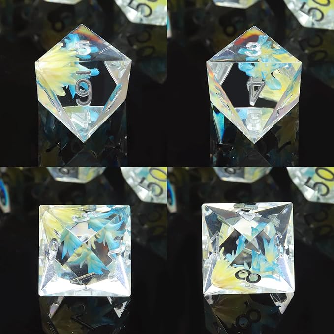 Haxtec Flower DND Dice Set Sharp Edge Dice with Dice Case Handmade Blue Yellow Resin D&D Dice Set for TTRPGs Compatible with Dungeons and Dragons Gifts