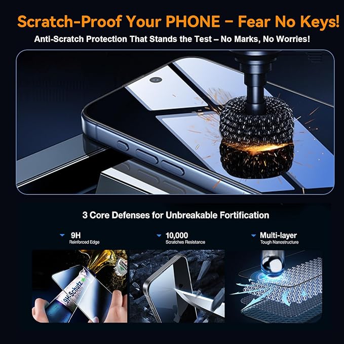 OneFish Screen Protector Privacy for iphone 16, Airbag Edge Protection, Anti Spy Private Tempered Glass Film with Installation Frame, 9H Scratch Resistant, Easy Installation, 2Pack.