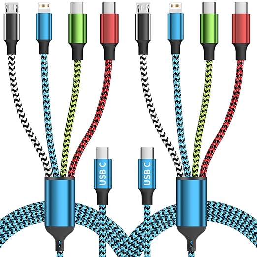 Travel Dual Type-C 4 in 1 Charging Cable, USB C Multi Charging Cable Multi Charging Cable for Multiple Devices, Phone Charging Cable Adapter 2 USB-C/IP/Micro Port for Phones Tablets Galaxy PS & More