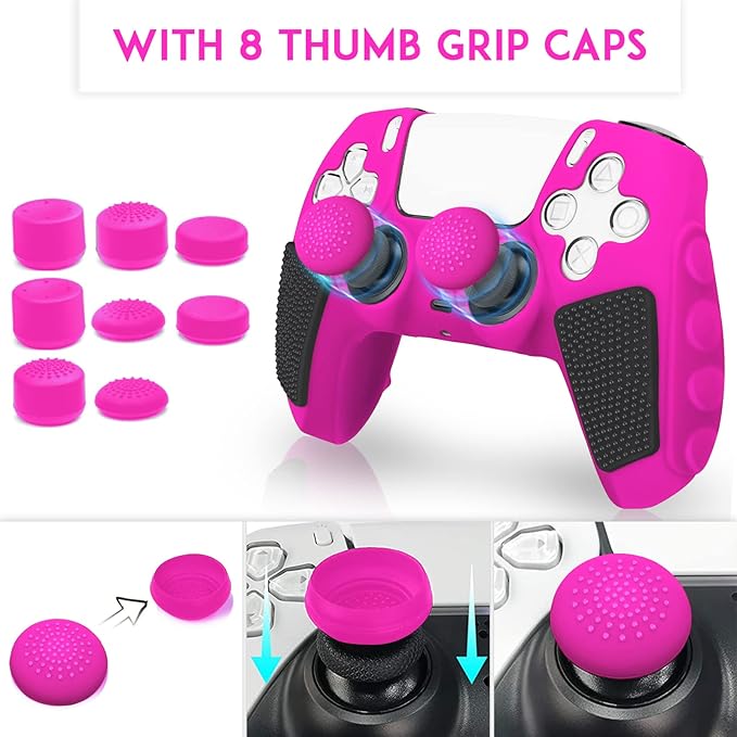 SIKEMAY Anti-Slip PS5 Controller Skin, Soft Thicken Non-Slip Studded Silicone Gel Grip Protective Cover Case for PlayStation 5 Controller Grip, 2 Pack with 8 x Thumb Grip Caps