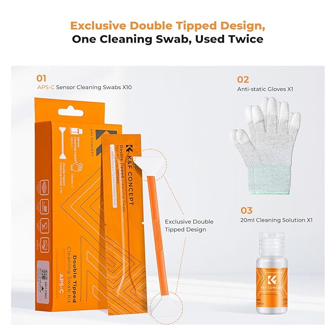 K&F Concept APS-C Sensor Cleaning Kit, Digital Camera Lens Cleaner - 20ml Cleaner, Gloves & 10 X 16mm Double-Tipped Swabs for APS-C Type CMOS & CCD Sensors