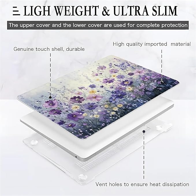 Compatible with MacBook Air 13.3 13.6 Inch Case 2022 2021 2020 2019 Plastic Hard Shell Case Cover,13.6 Air (A2681) M2 2022, Purple Wildflowers