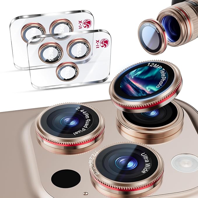 X-it 2 Pack Camera Lens Protector, Shatterproof Anti-Scratch Ultra HD Camera Protector, Anti-Glare Tempered Glass Lens Protector for iPhone 16 Pro Max/16Pro/15 Pro Max/15Pro/14 Pro Max/14Pro,GoldenRed