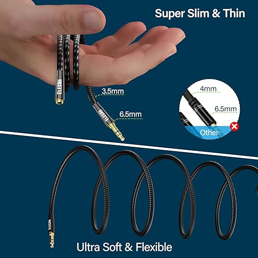 Elecan Headphone Extension Cable 10 Ft, 1/8 Inch 3.5 MM AUX Cord Wire Male to Female, Hi-Fi Sound Thin&Slim Braided TRS Stereo Audio Beats Cable Extender for Car,Home Stereos, Speaker,Phones
