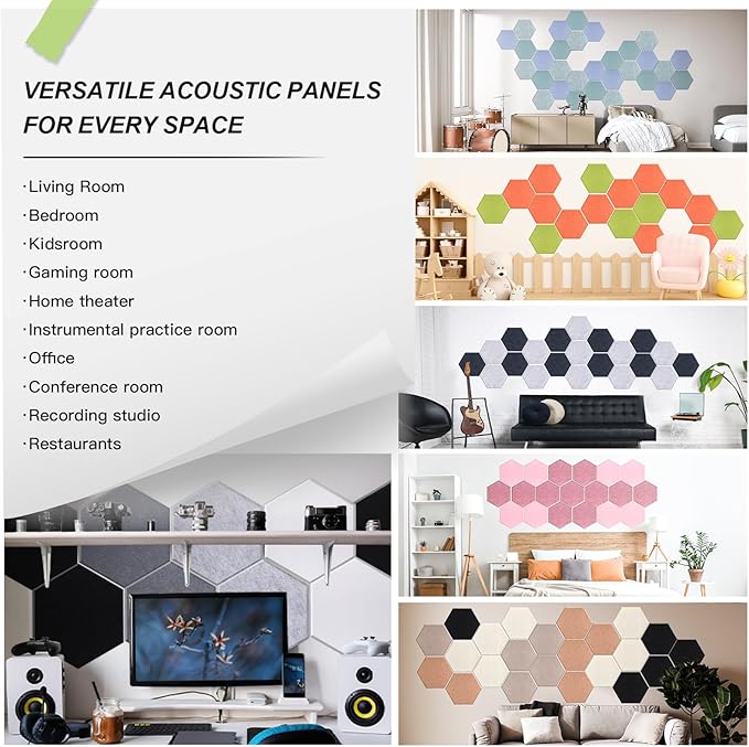 Mollywell Hexagon Acoustic Panels, High Density, Soundproofing, Decorative Noise Reduction Felt Wall Tiles for Ceilings, Home Office & Gaming Room (Smoke Green), 14x12x0.4 Inch