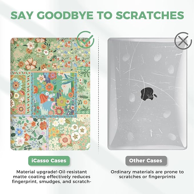 iCasso for MacBook Air 13 inch Case 2020 2019 2018 Release A2337 M1 A2179 A1932, Flower Hard Shell Protective Case for MacBook Air 13.3 inch + Keyboard Cover + Screen Film, Green Flower