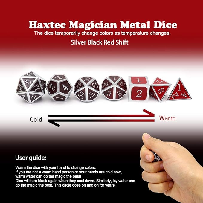 Haxtec Temperature Metal DND Dice Set Color Changing Polyhedral D&D Dice Set Compatible with Dungeons and Dragons RPG-Silver Black Red Shift
