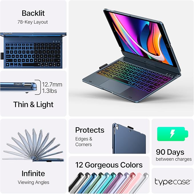 typecase Touch iPad 9th Generation Case with Keyboard (10.2", 2021), Multi-Touch Trackpad, 10 Color Backlight, 360° Rotatable, Thin & Light for 8th Gen (2020), 7th Gen (2019), Air 3 (Midnight Blue)