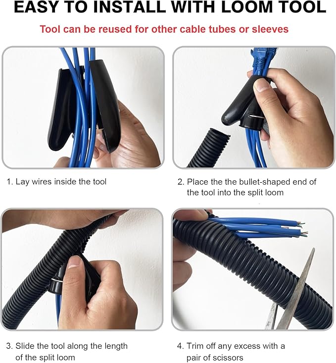 CrocSee 10ft - 1 inch Flame Retardant Split Wire Loom Tubing with Installation Tool - Flexible Wire Covers Cord Protectors - Black