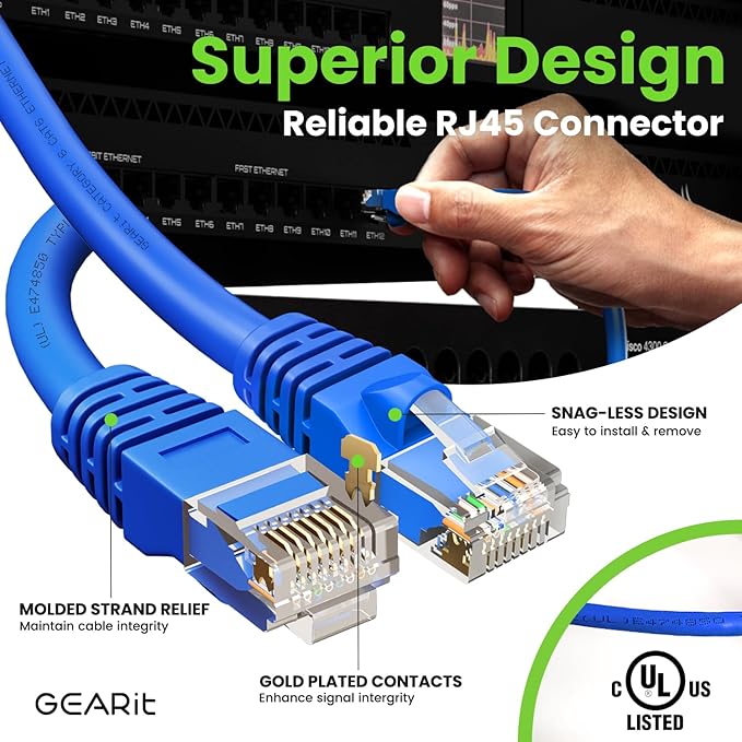 GEARit Cat 6 Ethernet Cable (1-Pack 30 Feet) Cat6 Network Patch, 10Gbps, RJ45, Snagless Cord, Gold-Plated Connectors, Internet for PC, TV, Tablet, Router, Printer, Servers, IT Data Center - Blue