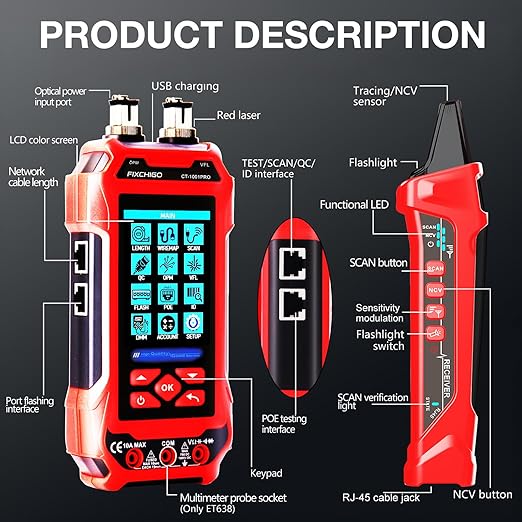 11 In 1 Network Cable Tester with 60000 Digit Multimeter 7 Wavelengths OPM 10Km/10mW VFL 600M Measurable Length 100 Records Tool Kit for CAT5 CAT6 Telephone Ethernet RJ11 RJ45 PoE Wire Tracer NCV, Red
