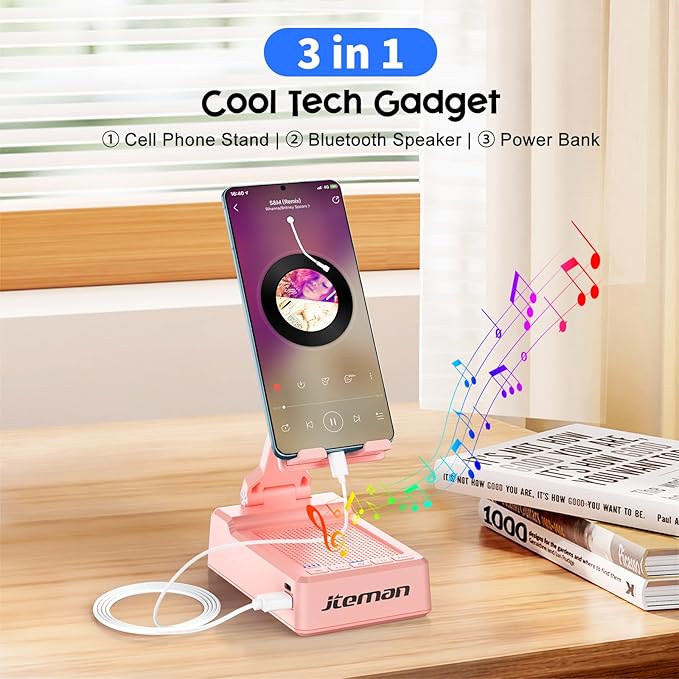 JTEMAN Gifts for Men Women,Cell Phone Stand with Bluetooth Speaker,Cool Tech Gadgets,Unique Birthday Gifts for Men Husband Mom Dad-Pink