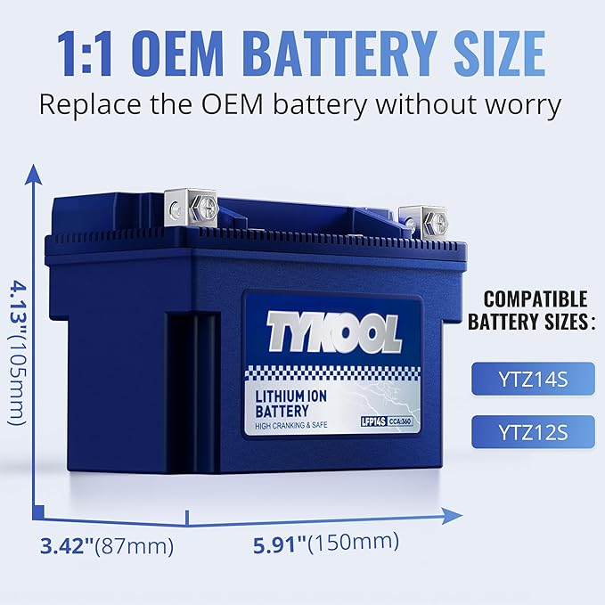 TYKOOL YTZ14S/YTZ12S High Performance Lithium LiFePO4 Motorcycle Battery,12V 6Ah,360CCA, Digital Readout, Built in BMS, Compatible for Large-displacement BMW,Hongda,KTM,Suzuki Motorcycles
