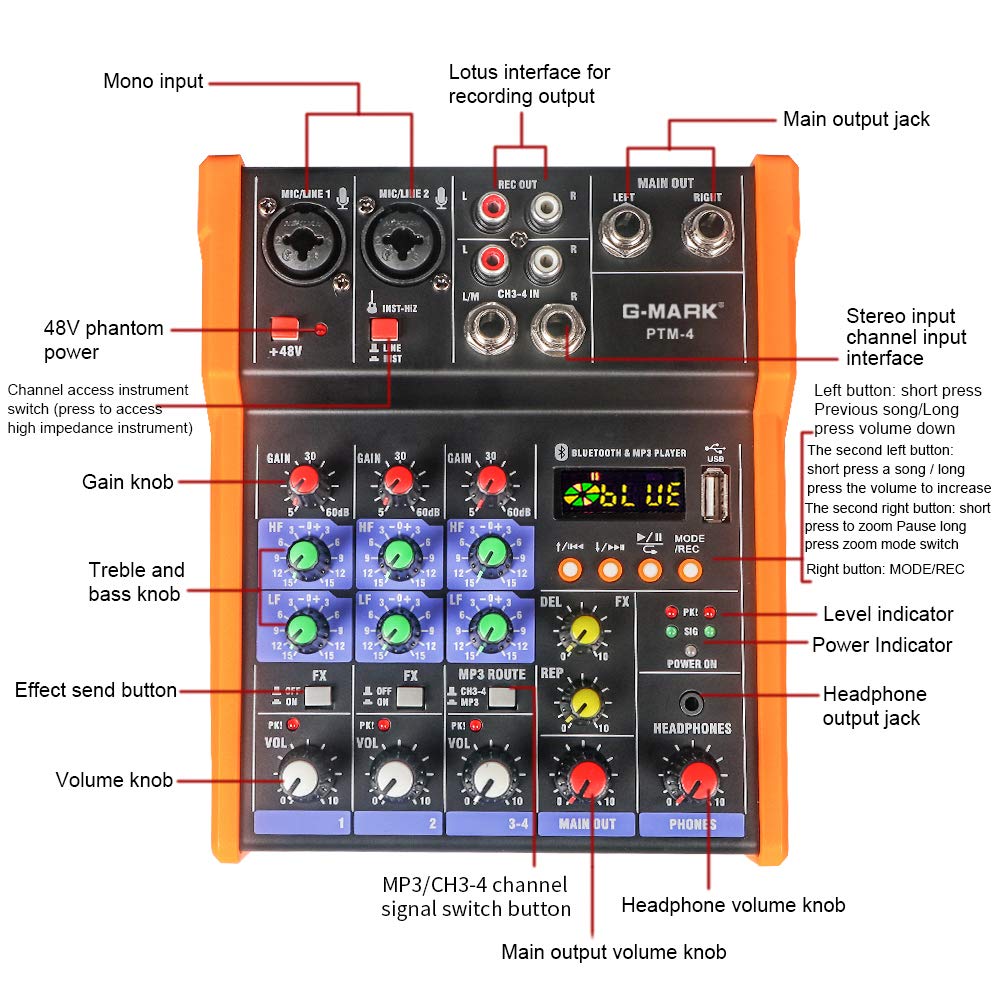 G-MARK Analog Mixer Audio 4 Channel DJ Audio Mixer Bluetooth Studio Karaoke For PC Live Performance KTV Home Stage Music Effects Sound Card Protable Mixing Console