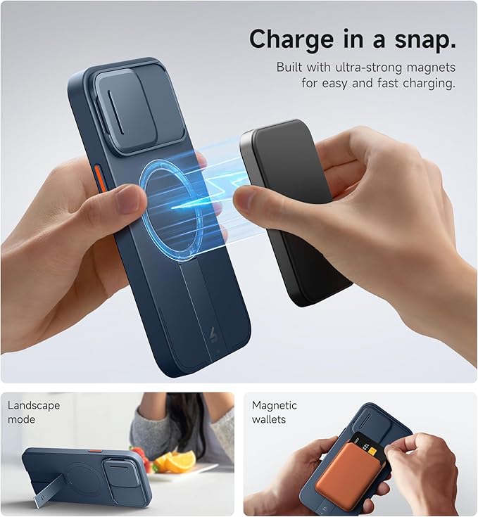 SURITCH for iPhone 14 Pro Max Case with Magnetic Camera Slide Cover and Adjustable Kickstand, Compatible with MagSafe, Shockproof Bumper Case Slim Protective Cover 6.7 Inch, Blue