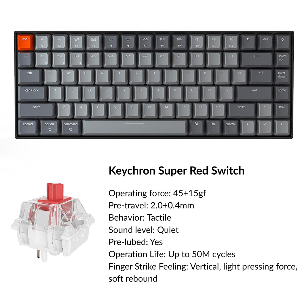 Keychron K2 75% Layout Bluetooth Mechanical Keyboard Super Red Switch/White LED Backlit/Anti Ghosting/N-Key Rollover/84 Key USB C Wired Computer Keyboard for Mac Windows-Version 2