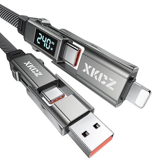 4 in 1 USB C Cable with Wattage Display, 240W Flat Nylon Braided Multi Charge Cable with Data Sync, USB C Charging Cord Combo Type C/USB A/L Port for iPhone/iPad/Samsung/Laptop, 3FT