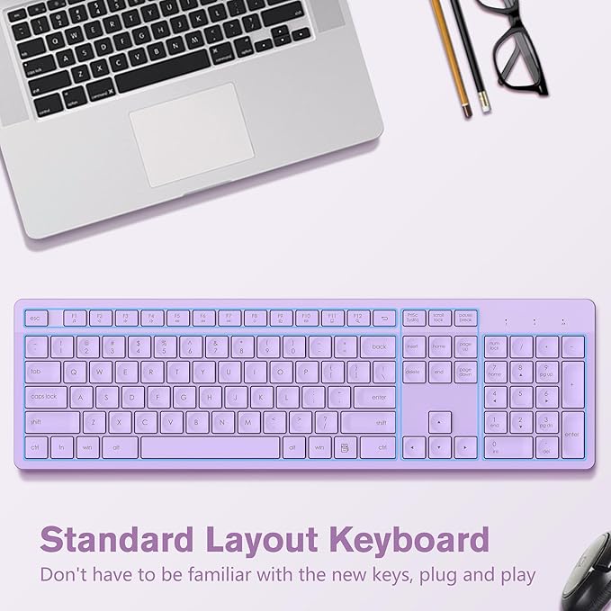 LeadsaiL Purple Wireless Keyboard, 2.4GHz Full-Sized Ergonomic Computer Keyboard, Cordless Noiseless Keyboard,12 FN Shortcuts for Windows MacOS Laptop Computer